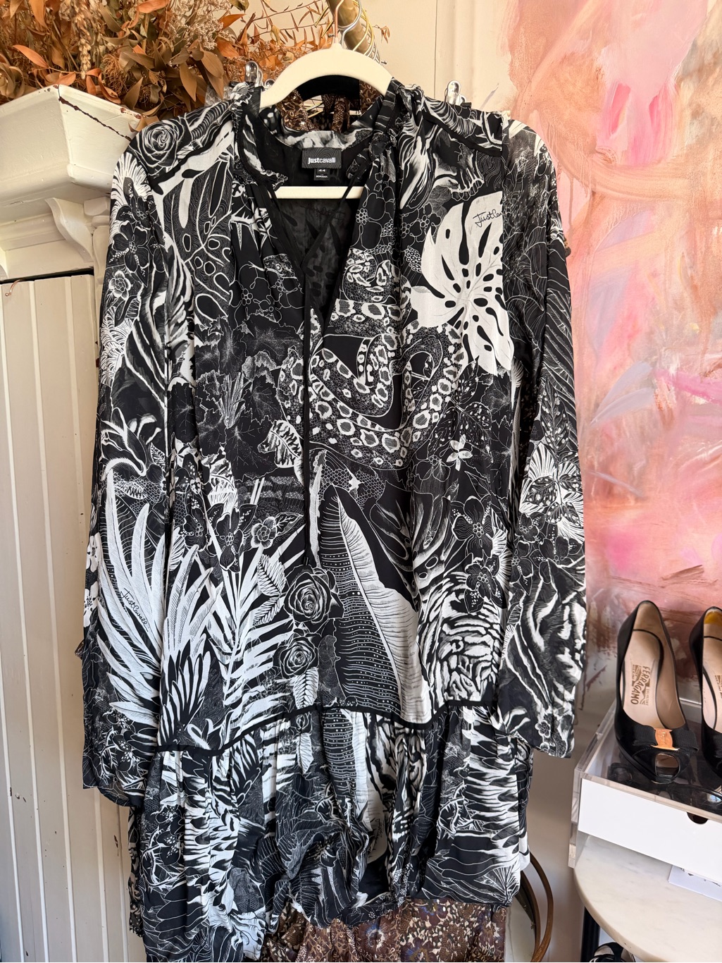 Just Cavalli Black And Brown Mixed-Print Blouse